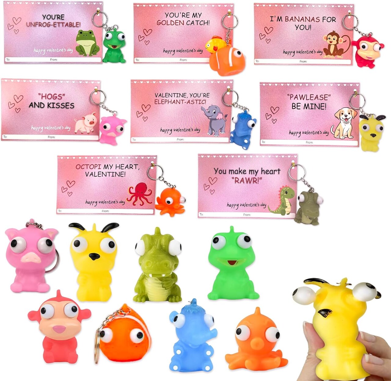 4E's Novelty 24 Pack Valentines Cards with Popping Eye Animals, Pop Out Eyes Squeeze Toy Keychain with Cards, Popping Eyes Valentines for Kids Classroom, Keychain Valentine for Kids Party Favors Bulk